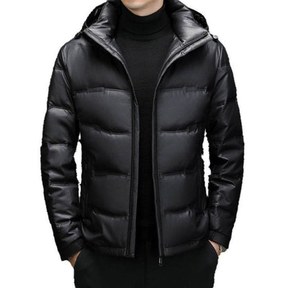 Men's Casual White Duck Down Coat - Premium Leather Hoodie for Warmth - Buy Center