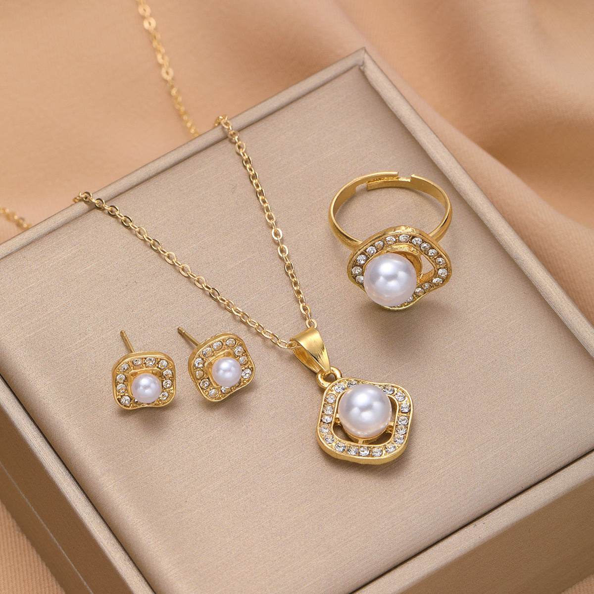 Elegant Rhinestone Pearl Square Necklace Set - Jewelry for Any Occasion - Buy Center