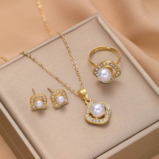 Elegant Rhinestone Pearl Square Necklace Set - Jewelry for Any Occasion - Buy Center