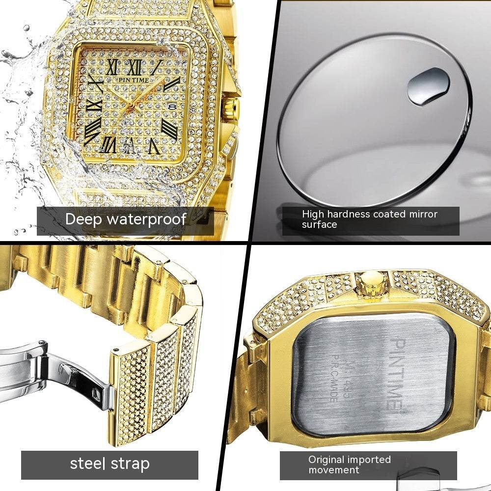 PINTIME Men's Luxury Quartz Watch - Square Diamond, Stylish Business Design - Buy Center