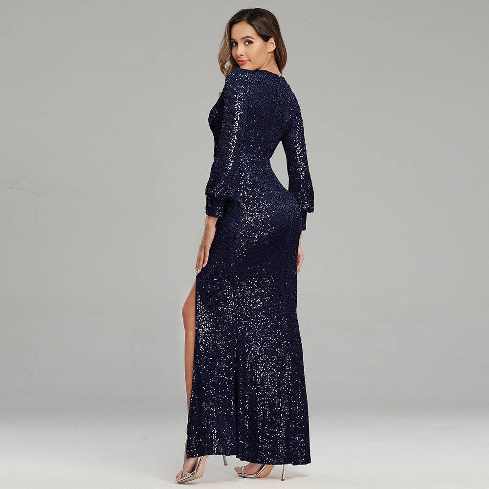 Buycenter Sexy High Slit Evening Dress - Long Sleeve Sequined Style - Buy Center