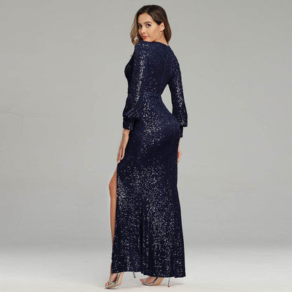 Buycenter Sexy High Slit Evening Dress - Long Sleeve Sequined Style - Buy Center