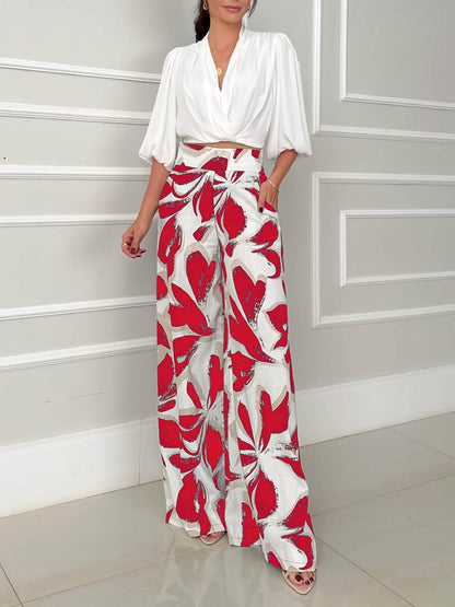 Women's Casual Floral Wide Leg Pants & Off-Shoulder Shirt Set - Buy Center