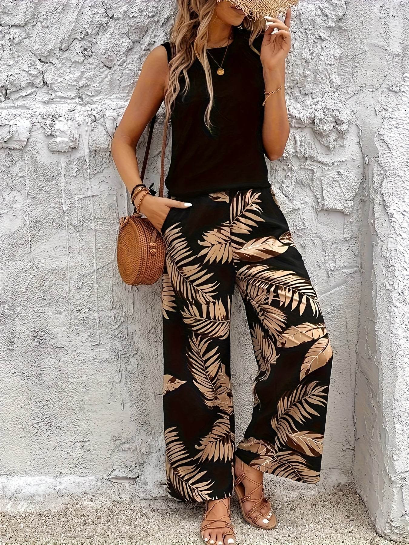 Elegant Two-Piece Floral Set - Sleeveless Top & Printed Pants - Buy Center
