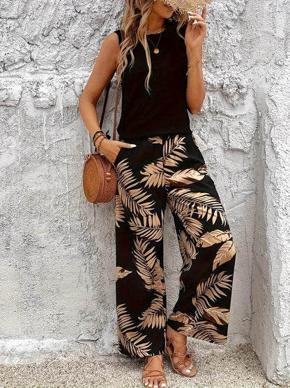 Elegant Two-Piece Floral Set - Sleeveless Top & Printed Pants - Buy Center