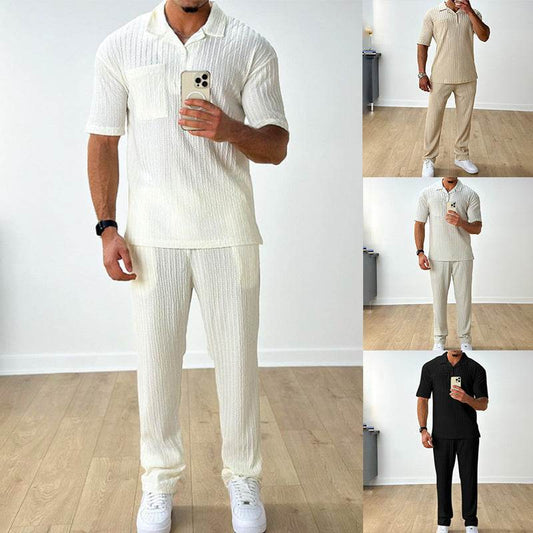 Stylish Cotton Blend Men's Polo Shirt Trousers Set - Casual Elegance - Buy Center