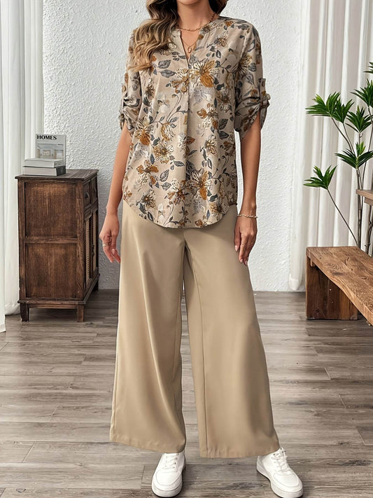 Elegant Women's Floral V-Neck Top and Solid Color Pants Set - Buy Center