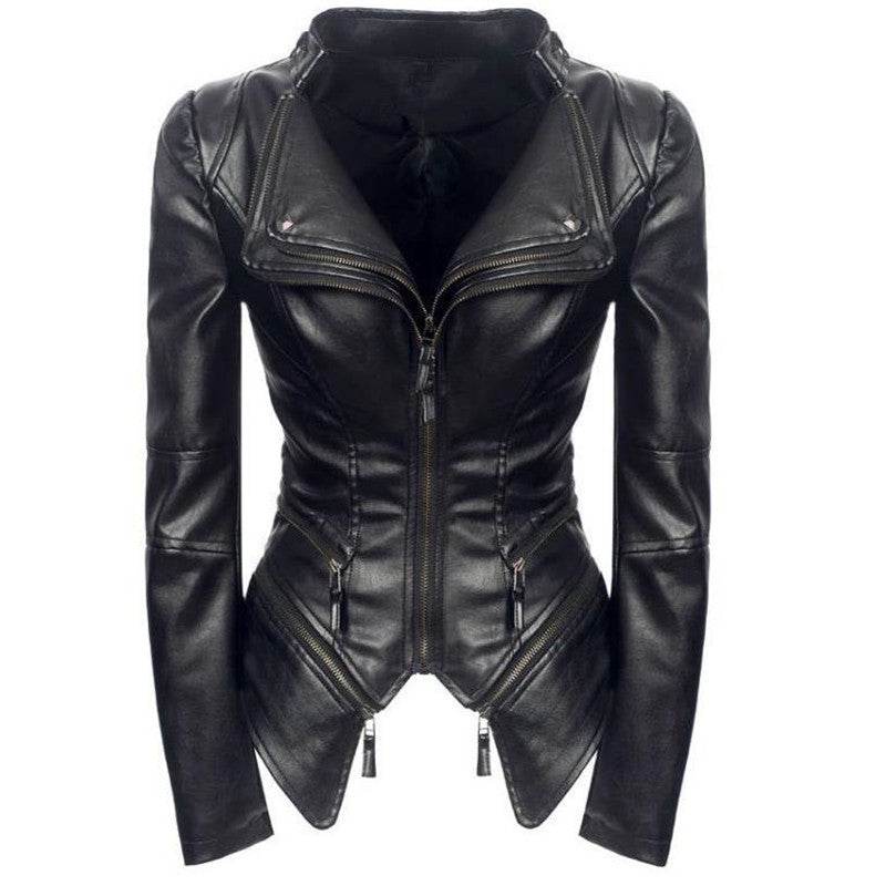 Buycenter Slim Leather Jacket - Punk Style, Zipper Closure, Long Sleeve - Buy Center