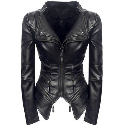 Buycenter Slim Leather Jacket - Punk Style, Zipper Closure, Long Sleeve - Buy Center