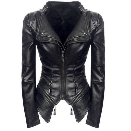 Buycenter Slim Leather Jacket - Punk Style, Zipper Closure, Long Sleeve - Buy Center
