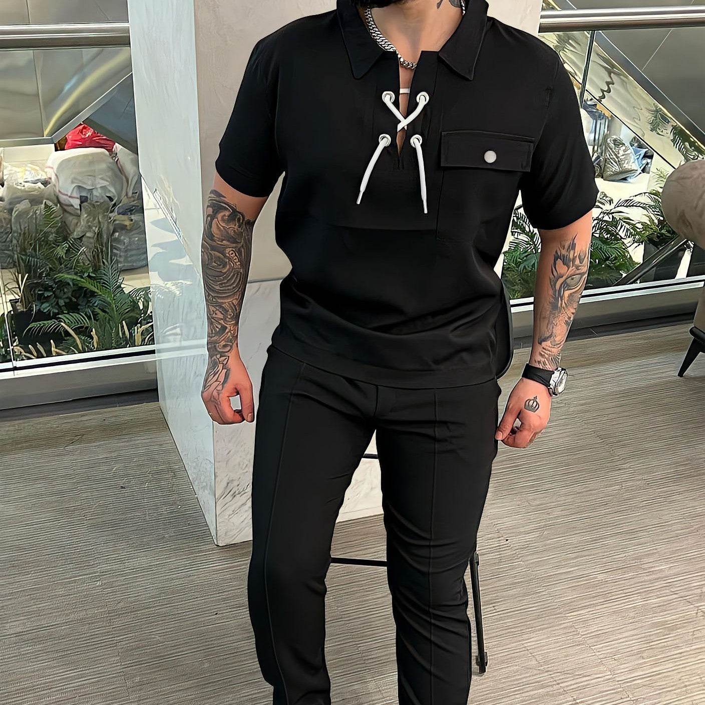 Buycenter Men's Casual Geometric T-shirt and Trousers Set - Short Sleeve - Buy Center