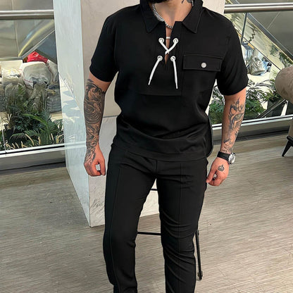 Buycenter Men's Casual Geometric T-shirt and Trousers Set - Short Sleeve - Buy Center