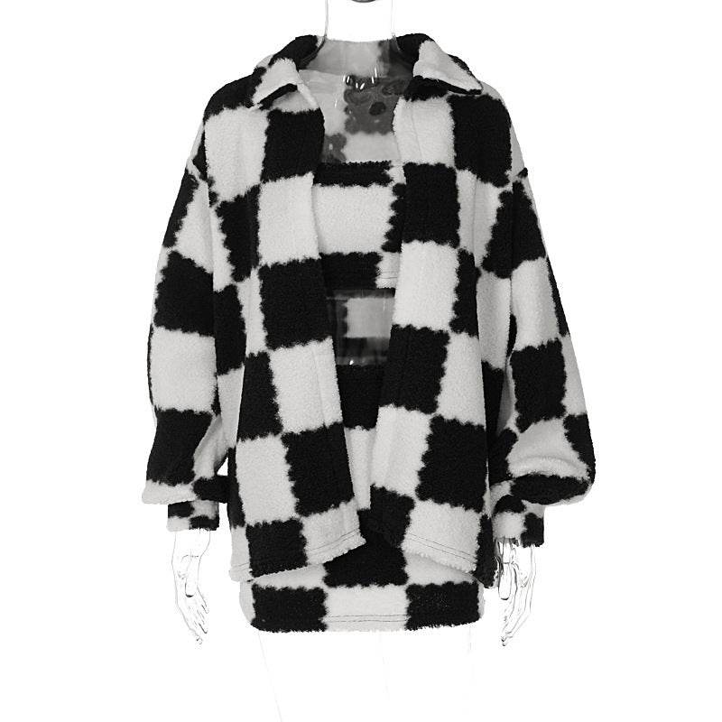 Buycenter Black & White Plaid Coat - Stylish Thickened Jumpsuit with Puffed Sleeves - Buy Center