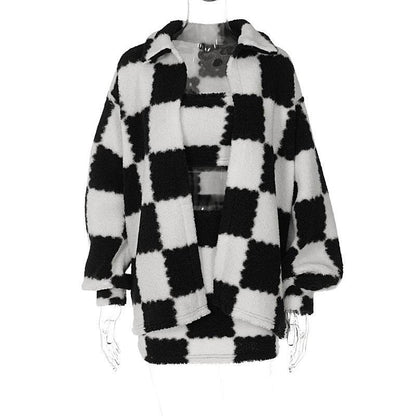 Buycenter Black & White Plaid Coat - Stylish Thickened Jumpsuit with Puffed Sleeves - Buy Center
