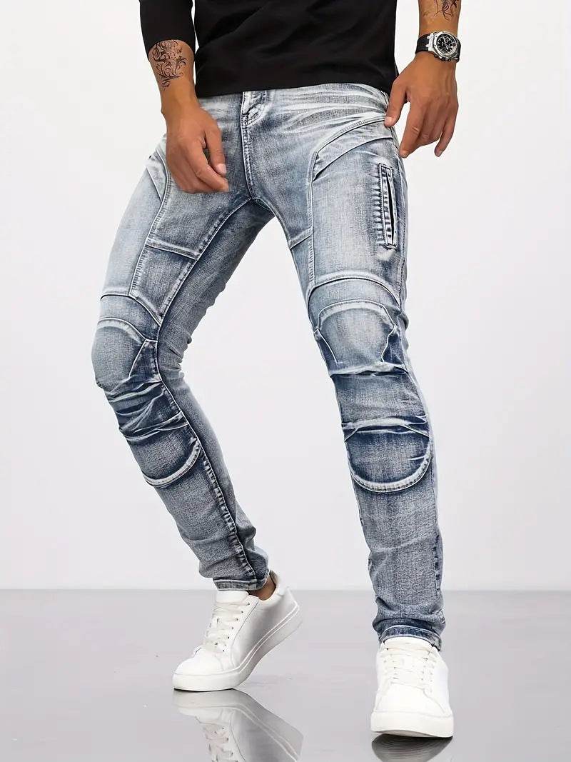 Retro Casual Stretch Motorcycle Jeans for Men - Mid Waist, Light Blue - Buy Center