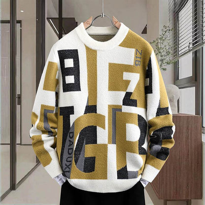 Men's Casual Loose Fit Sweater - Trendy Letter Jacquard Design - Buy Center