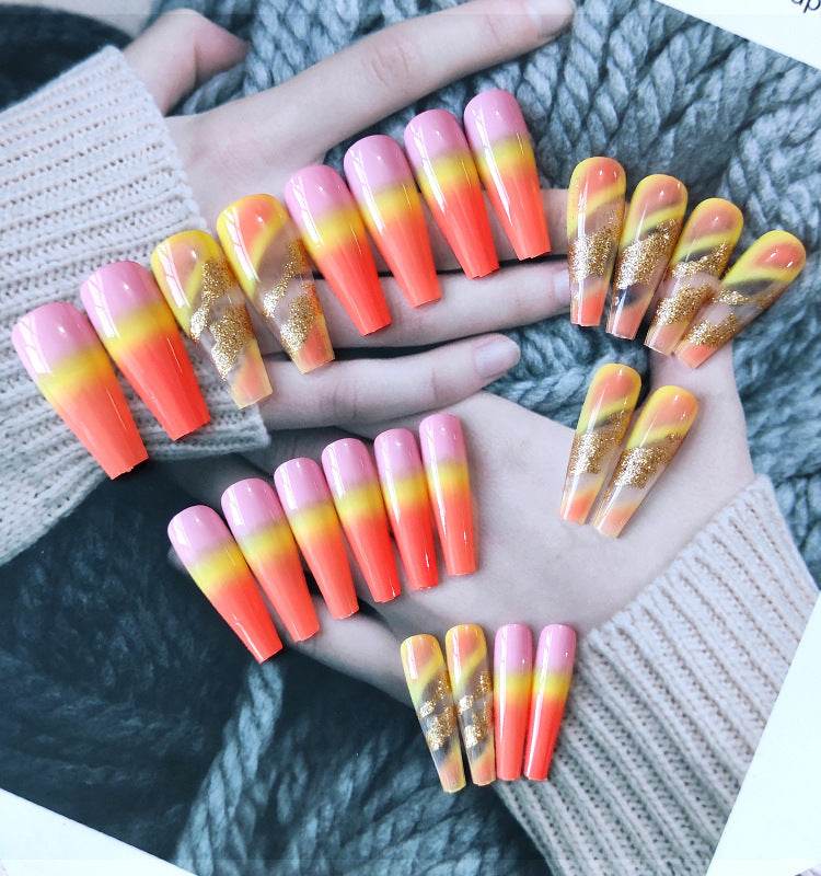 Extra Long Ballerina Fake Nails - 24 Pcs Orange Gradient Gold Foil - Buy Center