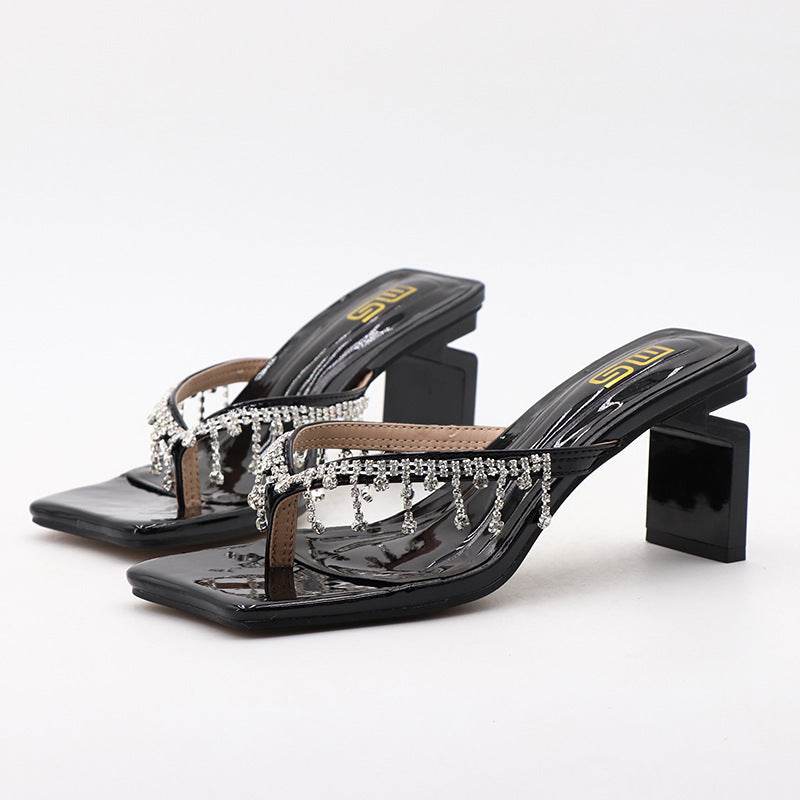 Trendy Square Toe Chunky Heel Sandals for Women - Rhinestone Accents - Buy Center