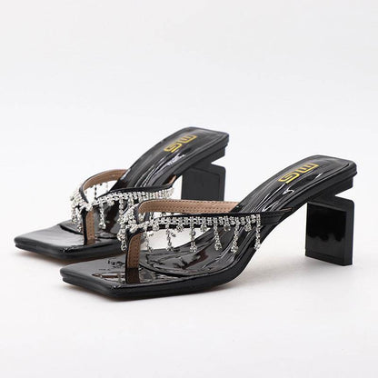 Trendy Square Toe Chunky Heel Sandals for Women - Rhinestone Accents - Buy Center