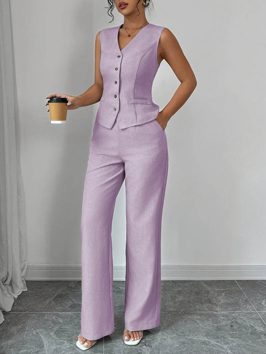 Women's Solid Color Vest & Wide-Leg Pants Set - Elegant Spring Look - Buy Center