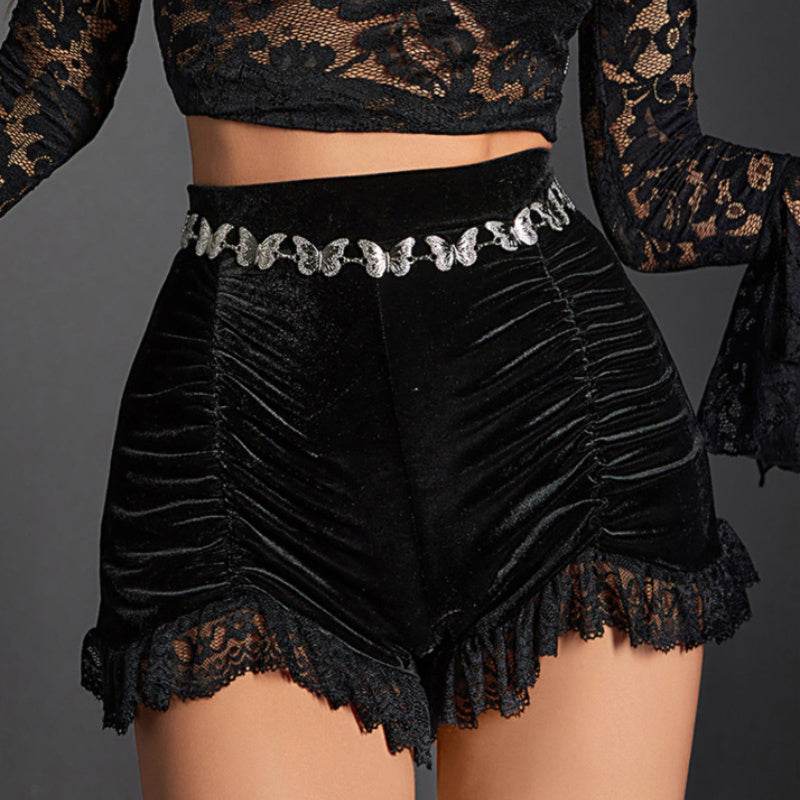 Buycenter High Waist Velvet Pleated Shorts - Dark Gothic Fashion for Women - Buy Center