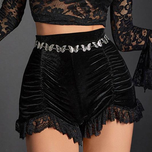 Buycenter High Waist Velvet Pleated Shorts - Dark Gothic Fashion for Women - Buy Center