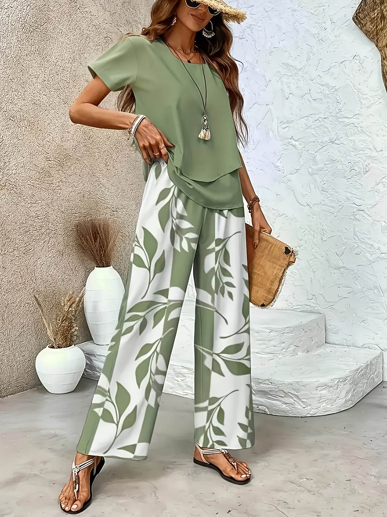 Women's Floral 2pcs Short Sleeve Pants Set - Elegant Spring Style - Buy Center