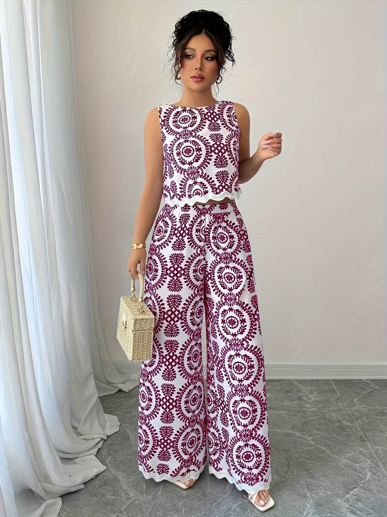 Elegant Women's 2pcs Set - Plant Pattern Top & Pants for All Seasons - Buy Center