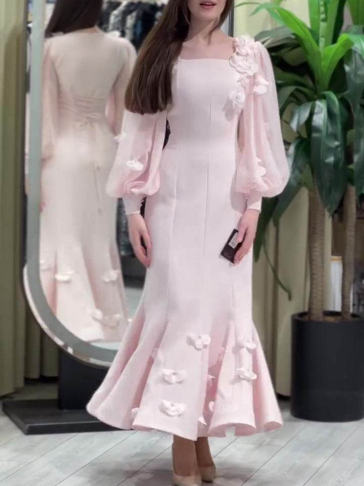 Buycenter Elegant Flower Embellished Long Sleeve Fishtail Maxi Dress - Buy Center