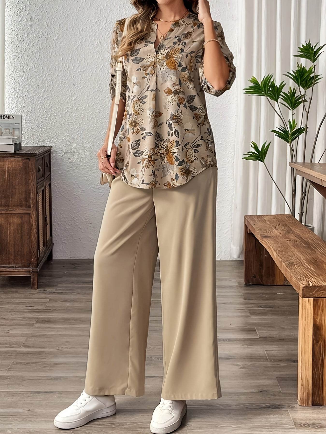 Elegant Women's Floral V-Neck Top and Solid Color Pants Set - Buy Center