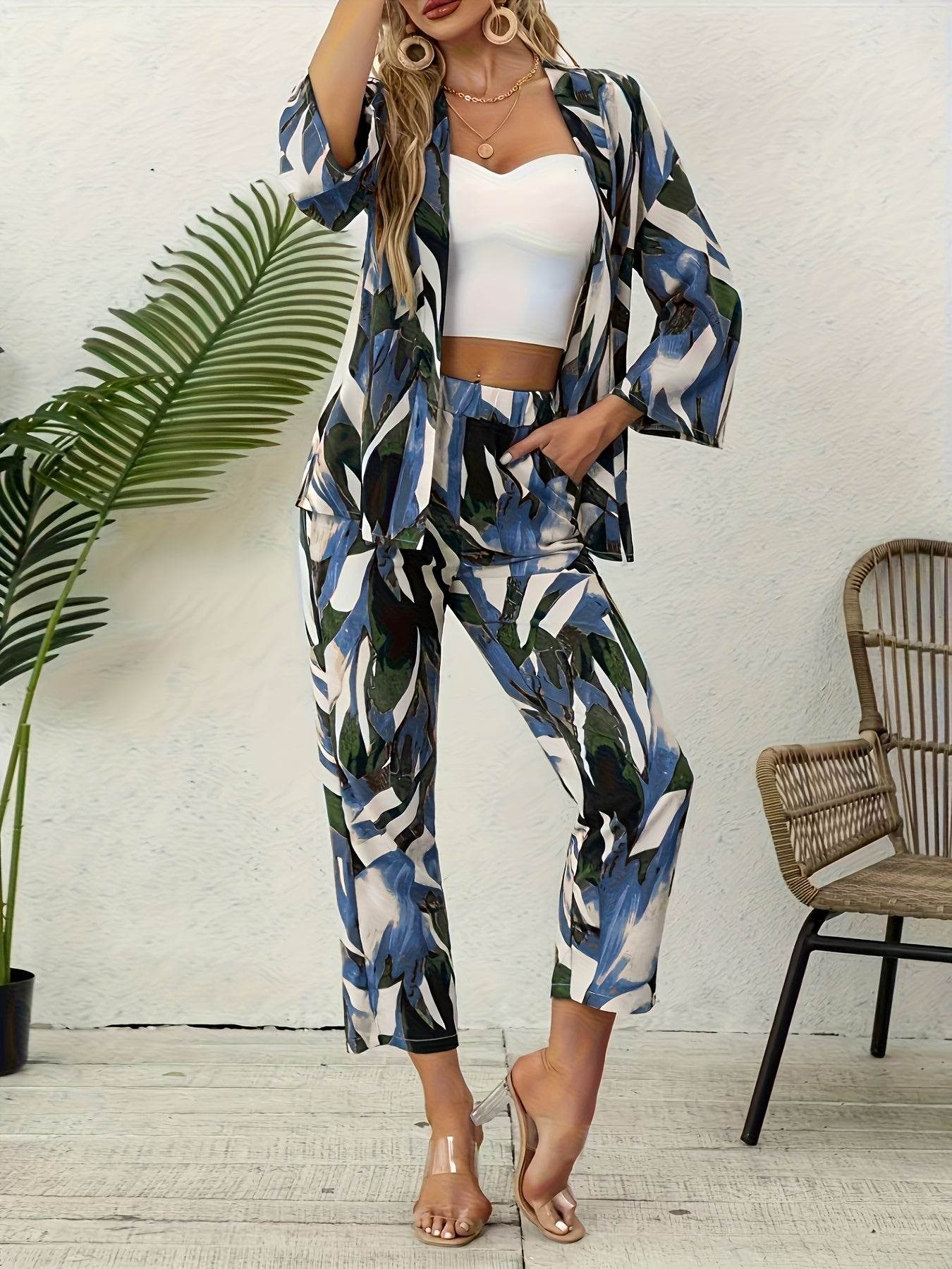 Women's Elegant Leaf Print Two-Piece Set - Perfect for Any Season - Buy Center