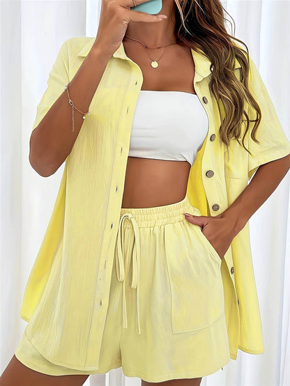 Women's Solid Color Two-Piece Set - Fashionable Pocket Shirt & Shorts - Buy Center