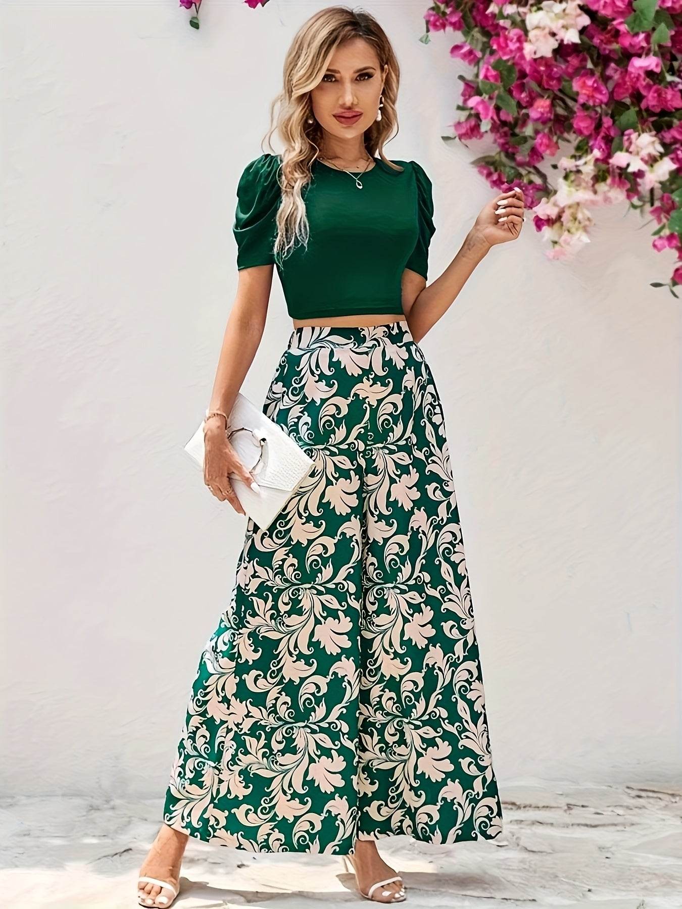 Women's Short Sleeve Top & Floral Pants Set - Elegant Spring Style - Buy Center