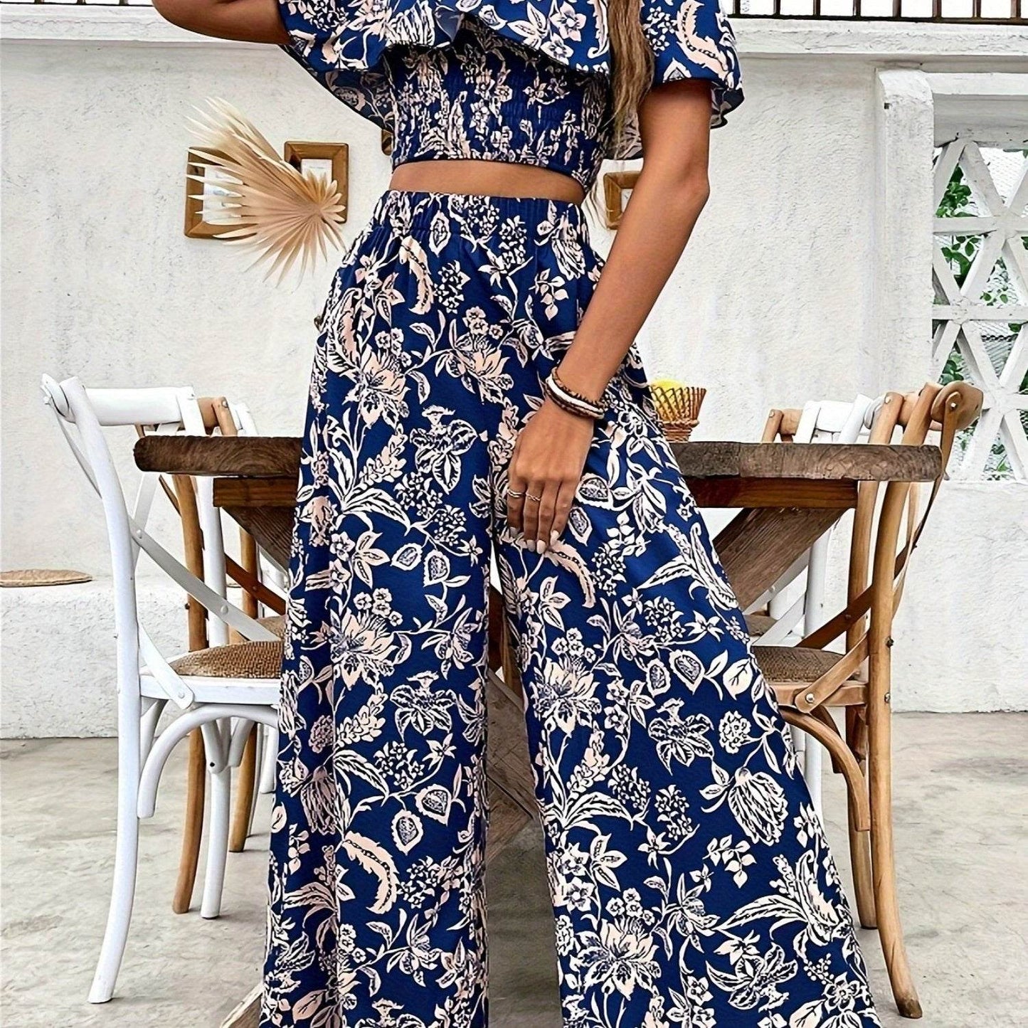 Women's Off-Shoulder Floral Crop Top & Wide-Leg Pants Set - Buy Center