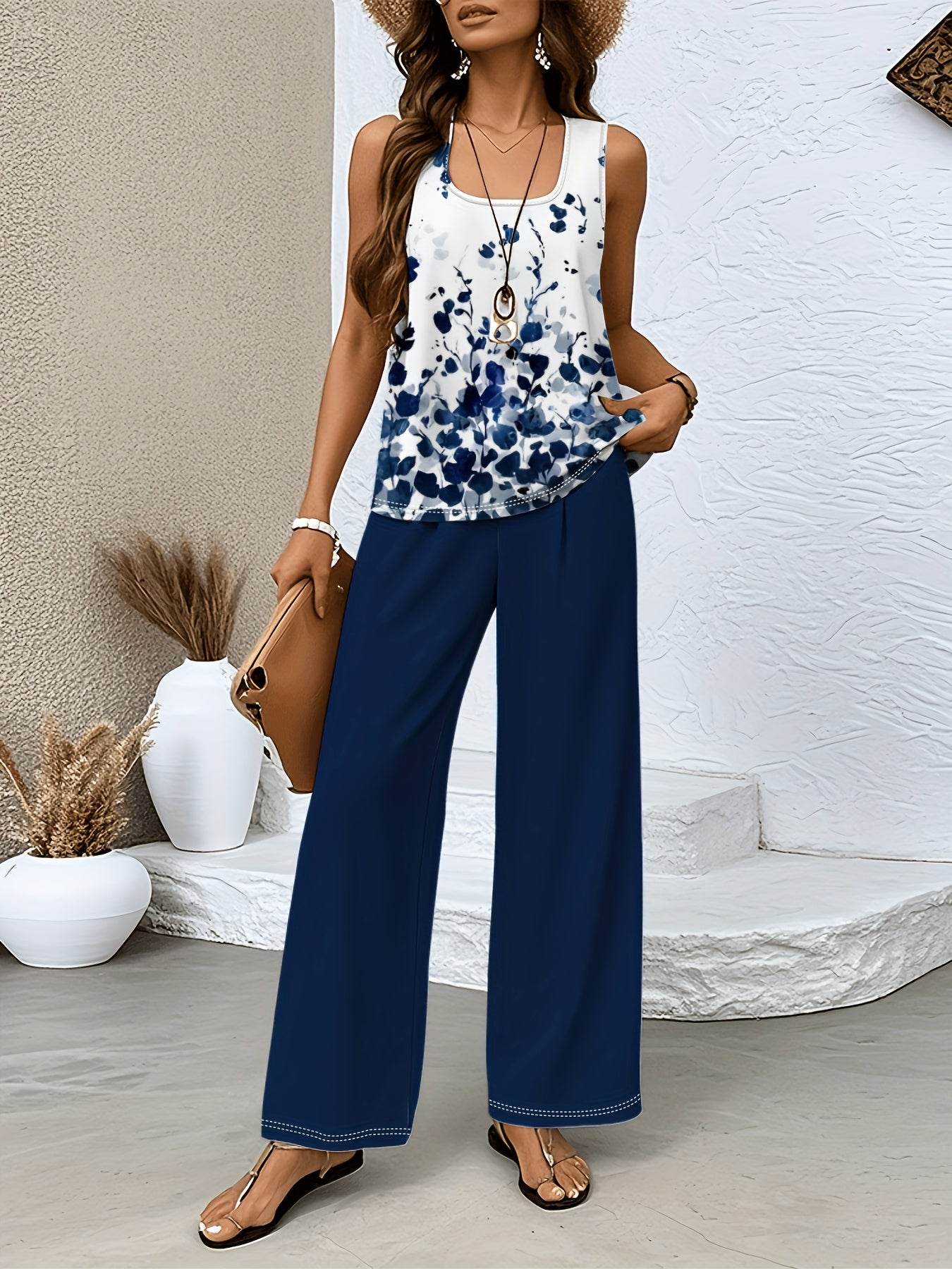 Elegant Floral Print Sleeveless Top & Wide-Leg Pants Set - Spring Fashion - Buy Center