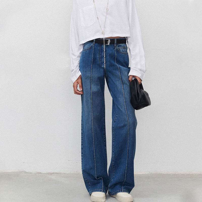 Women's Straight Jeans with Three-Dimensional Stitching - Dark Blue Style - Buy Center