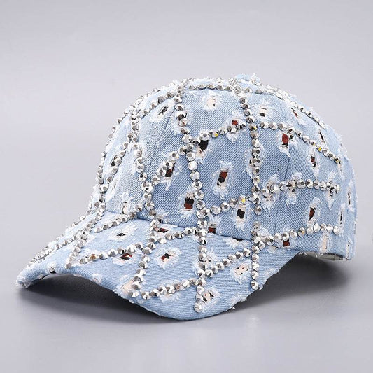 Ripped Diamond Denim Baseball Cap - Trendy Leopard Rhinestone Design - Buy Center