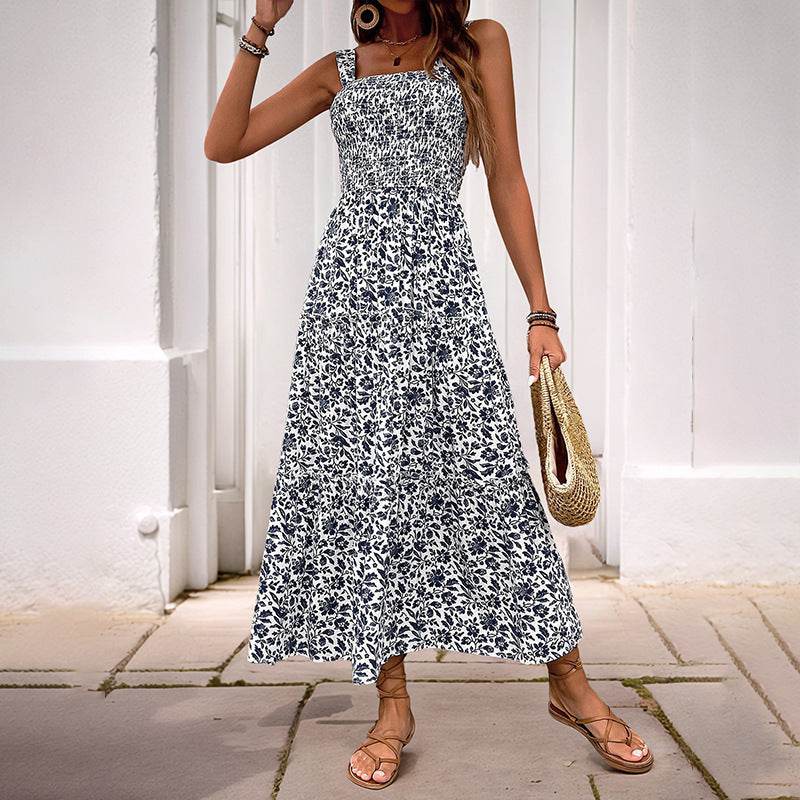 Buycenter Mid-Length Sleeveless Dress - Elegant Elastic Waist Floral Print - Buy Center