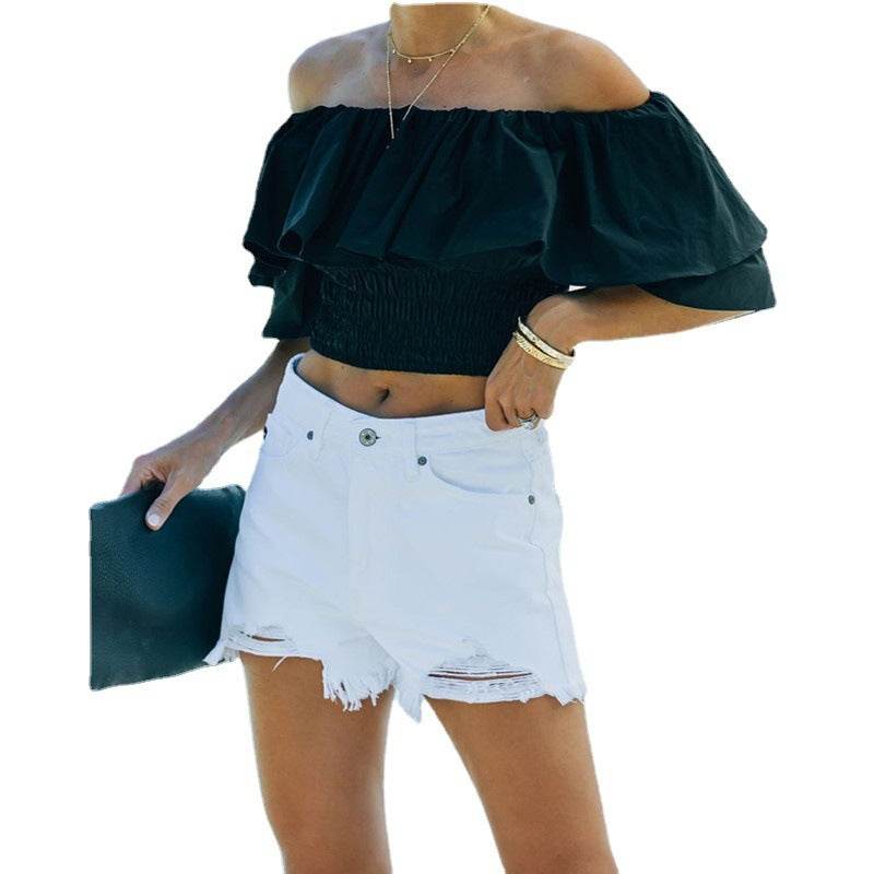 Buycenter Women's High Waist White Denim Shorts - Raw Edge Style - Buy Center