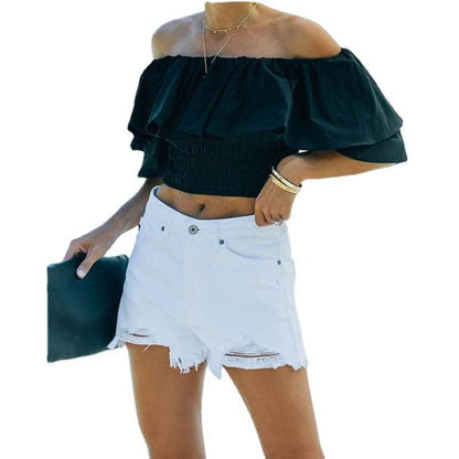 Buycenter Women's High Waist White Denim Shorts - Raw Edge Style - Buy Center