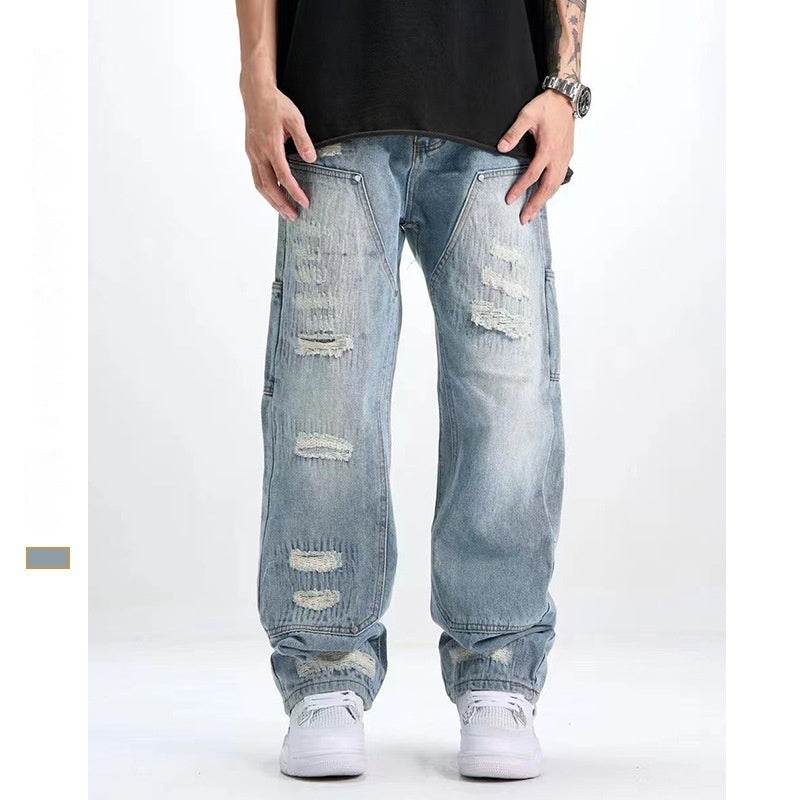 Buycenter Men's Ripped Jeans - Washed & Frayed Light Blue Casual Style - Buy Center