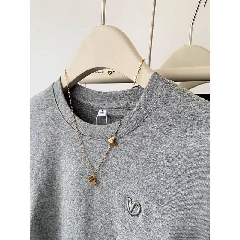 Buycenter Ladies Gray Short Sleeve T-shirt - Love Embroidery Design - Buy Center