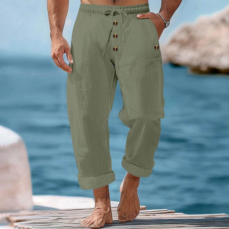 Buycenter Solid Color Cotton Linen Beach Pants - Casual Loose Fit Trousers - Buy Center