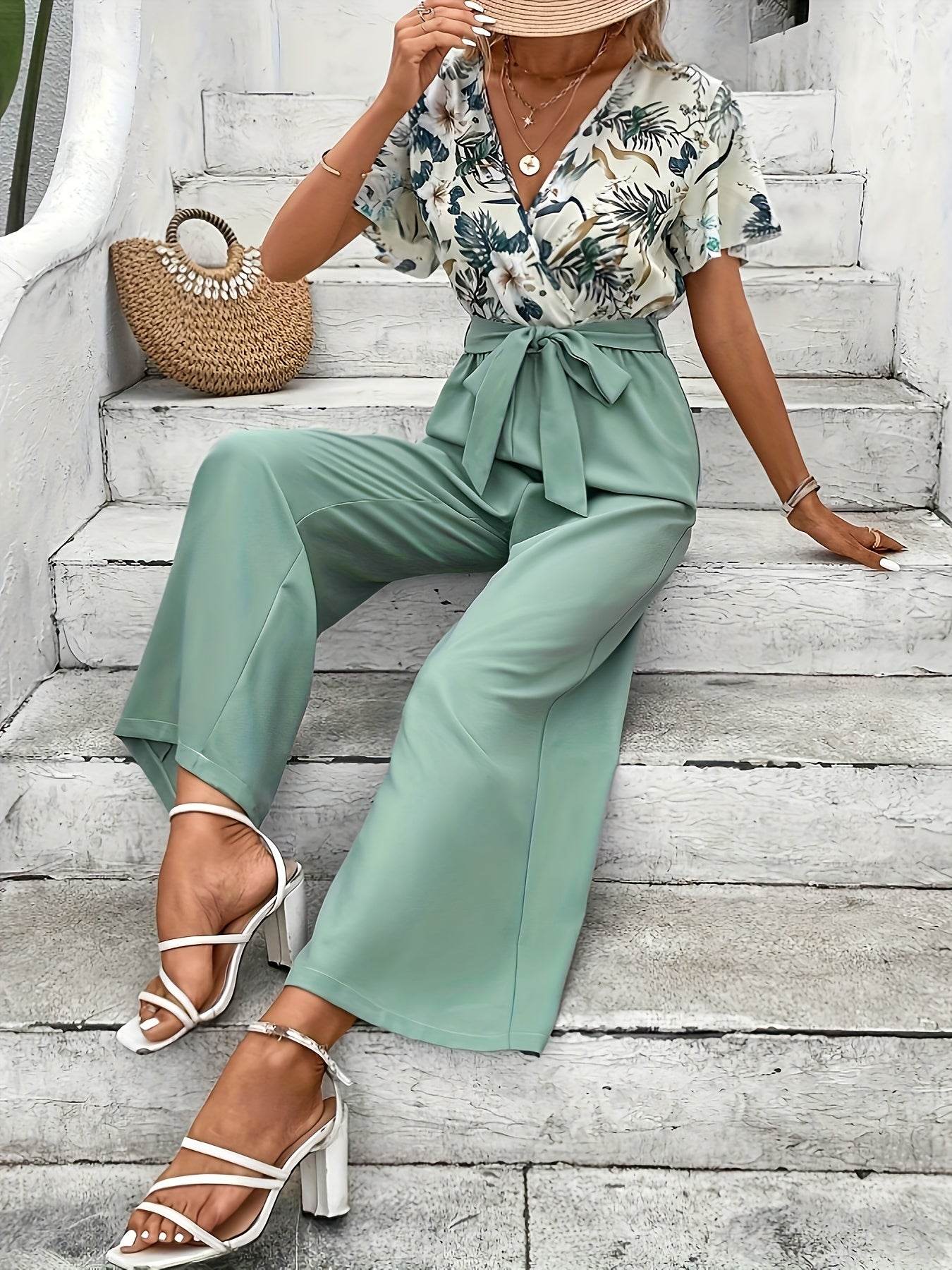 Women's Floral V-Neck Top & Wide-Leg Pants Suit Set - Casual Style - Buy Center
