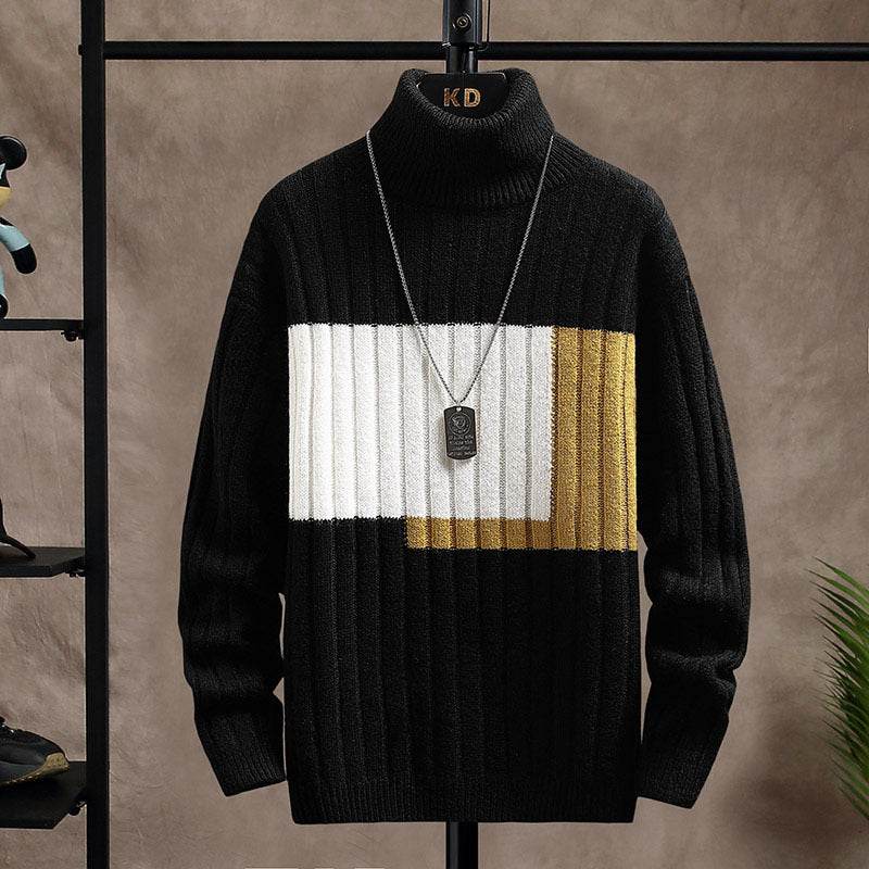 Buycenter Men's Knitted Turtleneck Sweater - Color Stitching, Cozy Warmth - Buy Center