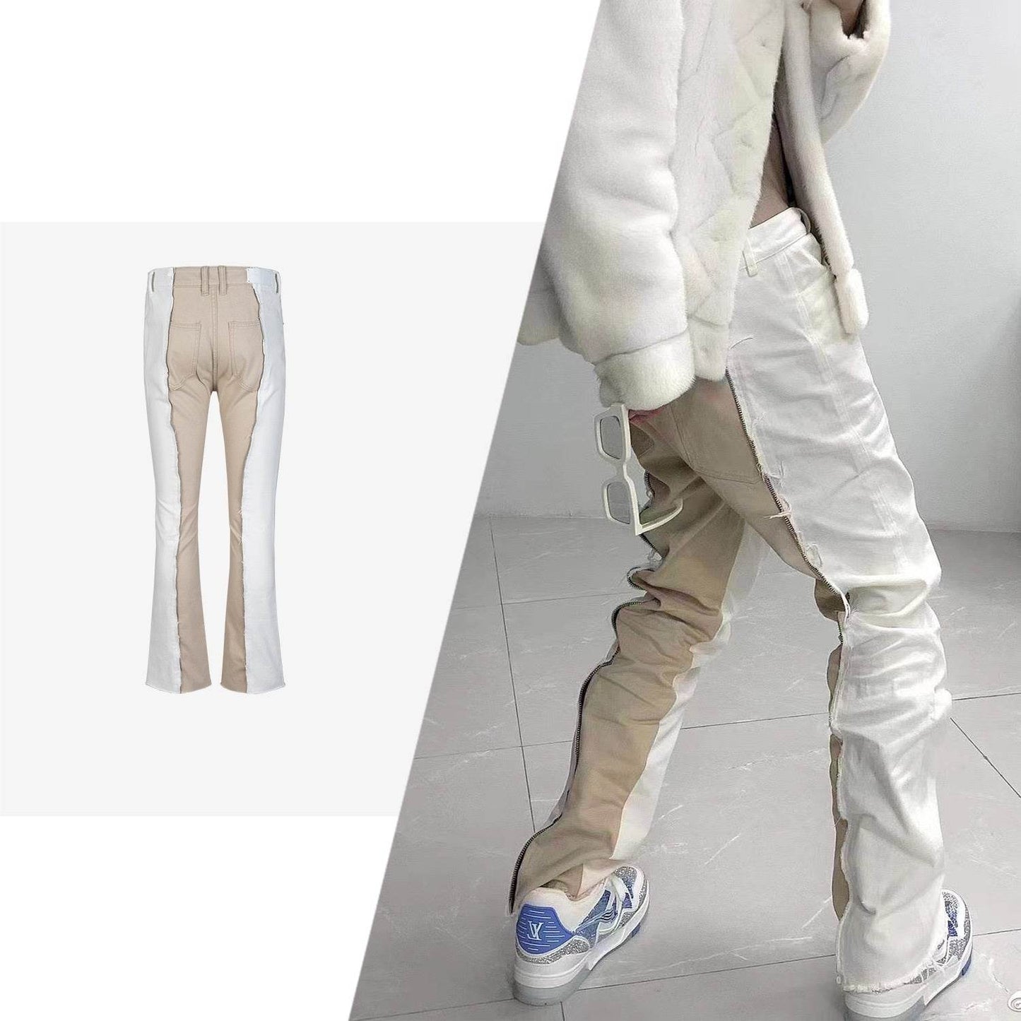 Buycenter Color Contrast Fashion Jeans - Tassel Slight Flared Pants - Buy Center