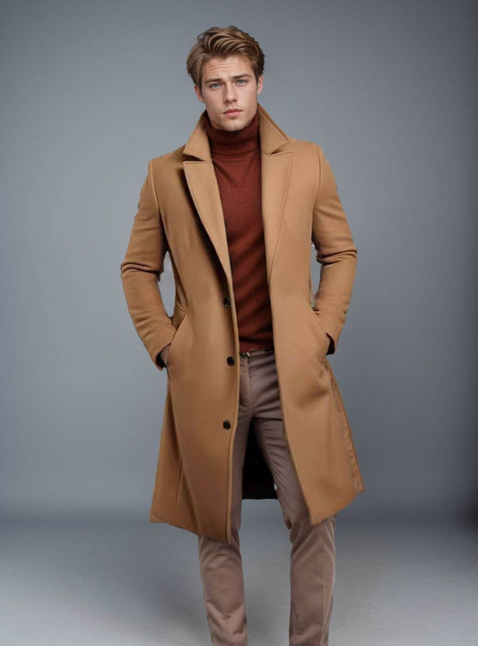 Woolen Men's Mid-Length Trench Coat - Stylish British Design, Multiple Colors - Buy Center