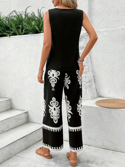 Spring/Summer Floral Print Casual Vest & Pants Set - Round Neck - Buy Center