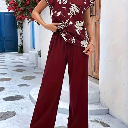 Women's Elegant Two-Piece Set - Floral V-Neck Top & Solid Pants - Buy Center