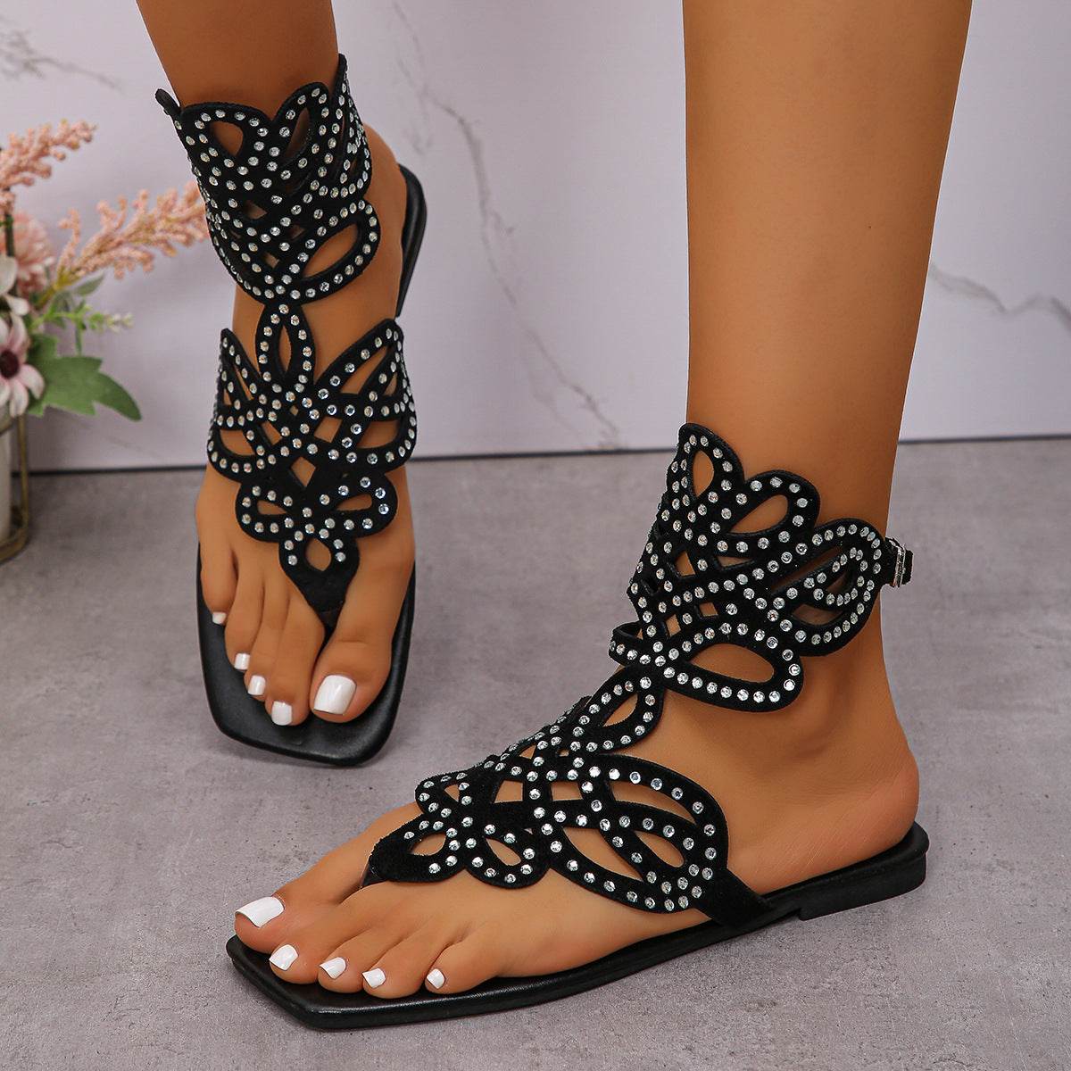 Buycenter Summer Rhinestone Buckle Flat Toe Roman Sandals for Women - Buy Center